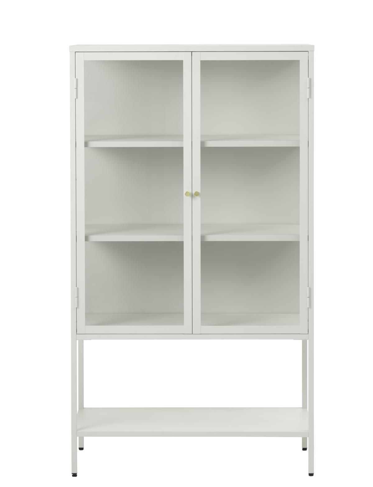 Carmel skåp, höga ben, med 2 dörrar och 3 hyllplan - glas och greige metall (H:160)