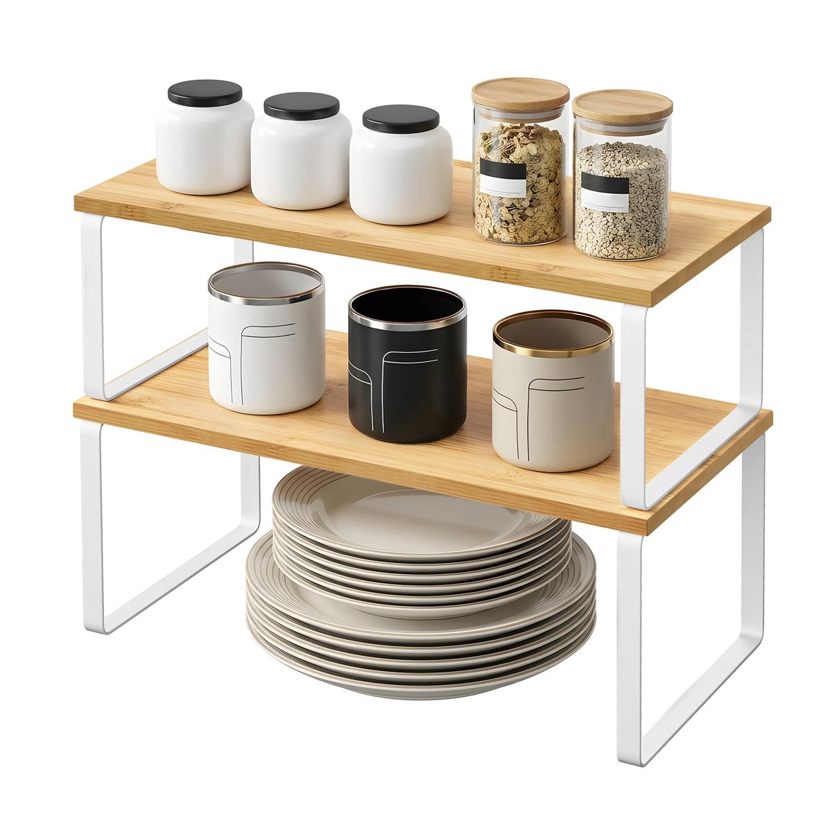 SONGMICS kryddhylla, set med 2 skåphyllor, utbyggbar kökshylla, stapelbar kryddhylla, metall och konstruerat trä, Cloud White och naturbeige KCS200W01