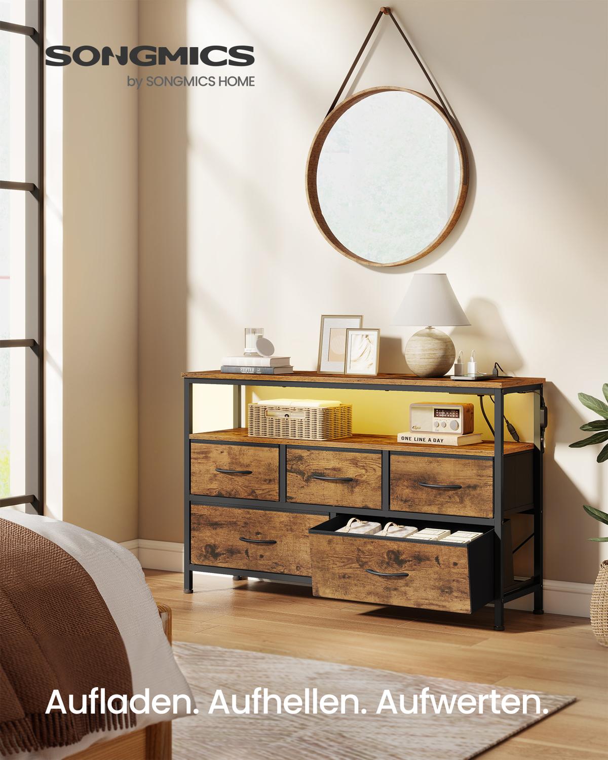 SONGMICS BELLAH Collection - Sovrumsbyrå, Förvaringsmöbel, Justerbar LED-belysning, Grenuttag, 1 Hylla, 5 Lådor, Industriell stil, Rustik brun och bläcksvart LGS723KD01