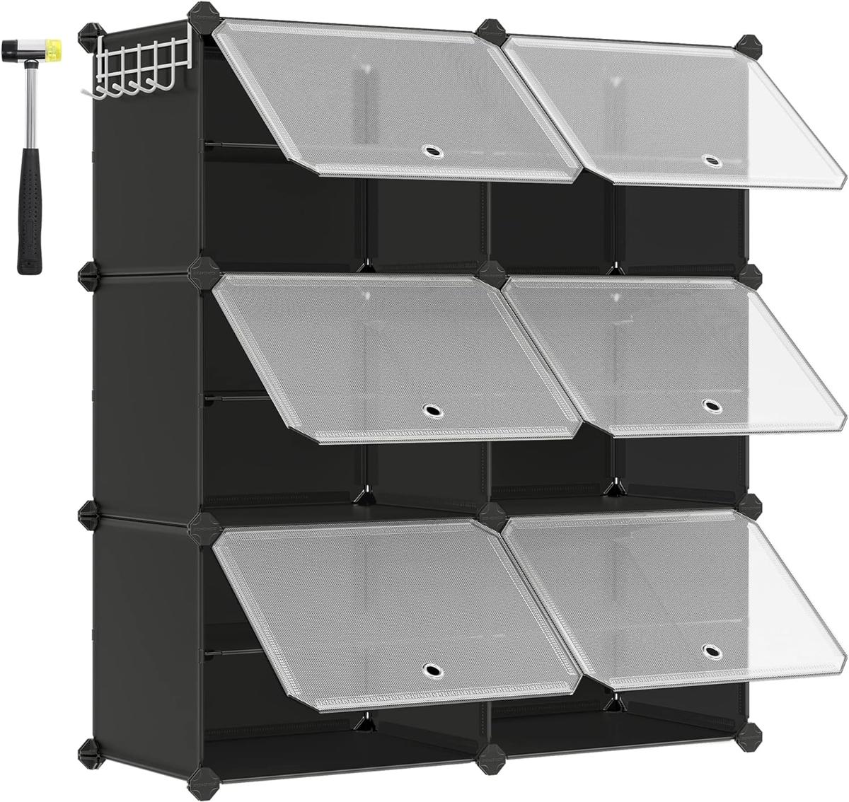 SONGMICS Sammankopplingsbar skohylla, skoförvaringsskåp i plast, modulär förvaringsenhet med 6 fack, 30 x 40 x 30 cm för varje fack, med dörrar, stålram, plastpaneler, svart LPC033B01