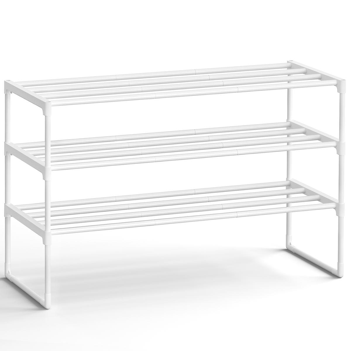 SONGMICS skohylla med 3 våningar, skoförvaring, metallförvaringshylla, upprätt eller inverterad, passar 16 till 20 par, stapelbar, för hall, 30 x 92 x 55 cm, pärlvit LSA303W03