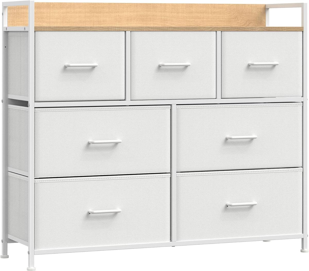 SONGMICS LTS523W57 byrå, skåp, förvaringsenhet, 7 tyglådor med handtag, metallram, modern stil, vit och träfärg