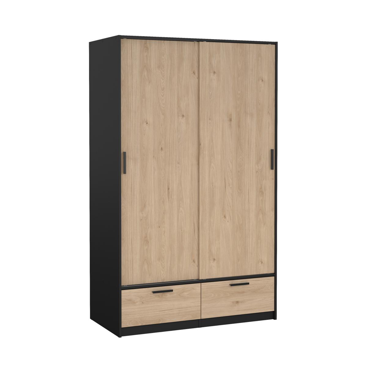 TVILUM Madrid garderob, med 2 skjutdörrar, klädstång, hyllor, 2 lådor - Jackson Hickory och matt svart trä